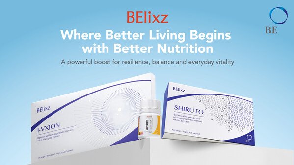 BElixz product line featuring SHIRUTO, LIVCORE, and I-VXION against a light blue background with the tagline "Where Better Living Begins with Better Nutrition"